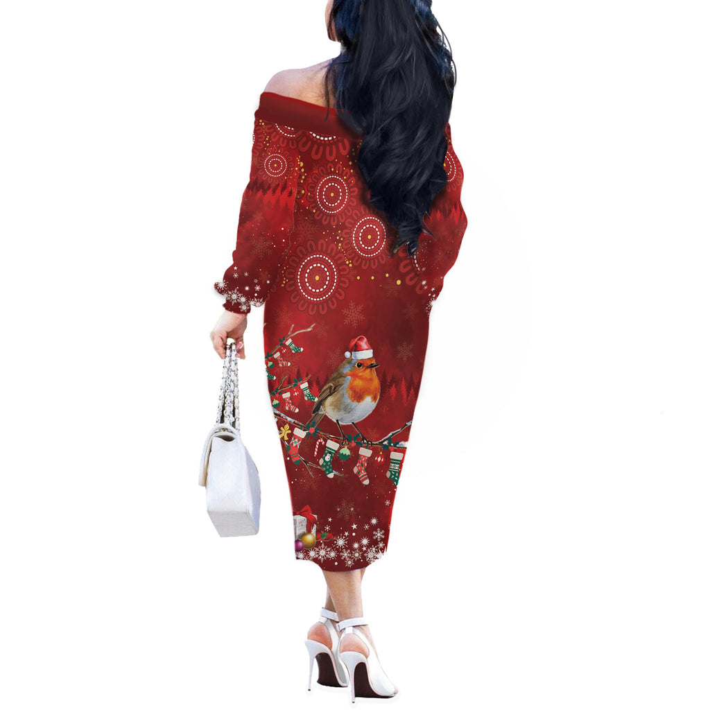 Australia Red - capped Robin Christmas In July Off The Shoulder Long Sleeve Dress Aussie Passerine Bird Merry Xmas