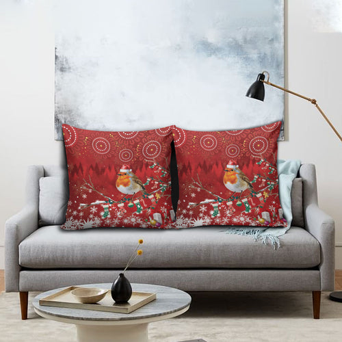 Australia Red - capped Robin Christmas In July Pillow Cover Aussie Passerine Bird Merry Xmas