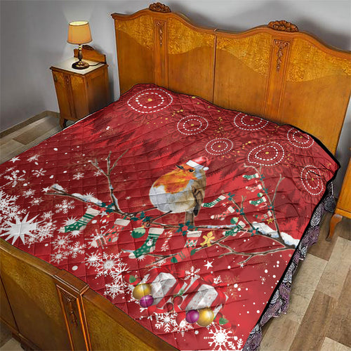 Australia Red - capped Robin Christmas In July Quilt Aussie Passerine Bird Merry Xmas