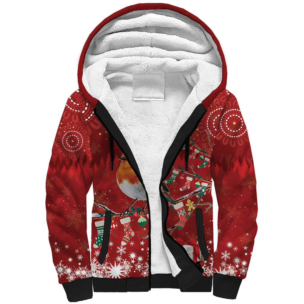 Australia Red - capped Robin Christmas In July Sherpa Hoodie Aussie Passerine Bird Merry Xmas