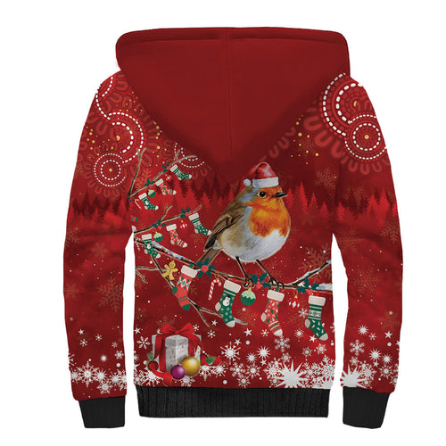 Australia Red - capped Robin Christmas In July Sherpa Hoodie Aussie Passerine Bird Merry Xmas