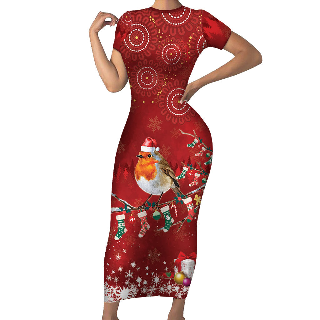 Australia Red - capped Robin Christmas In July Short Sleeve Bodycon Dress Aussie Passerine Bird Merry Xmas