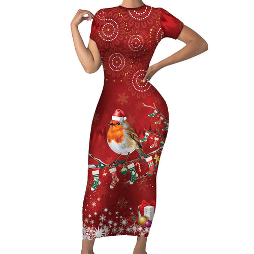 Australia Red - capped Robin Christmas In July Short Sleeve Bodycon Dress Aussie Passerine Bird Merry Xmas