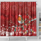 Australia Red - capped Robin Christmas In July Shower Curtain Aussie Passerine Bird Merry Xmas