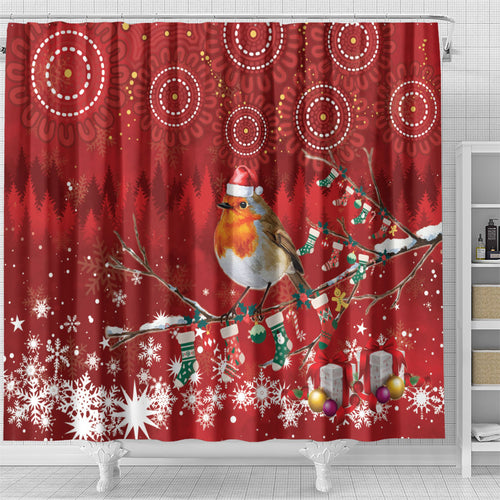 Australia Red - capped Robin Christmas In July Shower Curtain Aussie Passerine Bird Merry Xmas