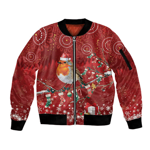 Australia Red - capped Robin Christmas In July Sleeve Zip Bomber Jacket Aussie Passerine Bird Merry Xmas