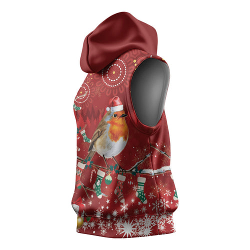 Australia Red - capped Robin Christmas In July Sleeveless Hoodie Aussie Passerine Bird Merry Xmas