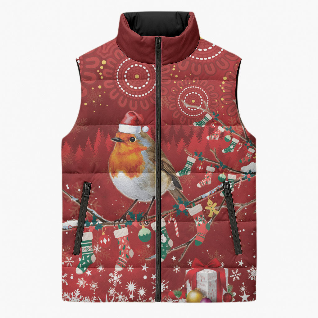 Australia Red - capped Robin Christmas In July Sleeveless Puffer Jacket Aussie Passerine Bird Merry Xmas