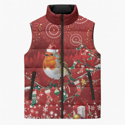 Australia Red - capped Robin Christmas In July Sleeveless Puffer Jacket Aussie Passerine Bird Merry Xmas