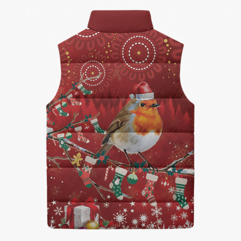 Australia Red - capped Robin Christmas In July Sleeveless Puffer Jacket Aussie Passerine Bird Merry Xmas