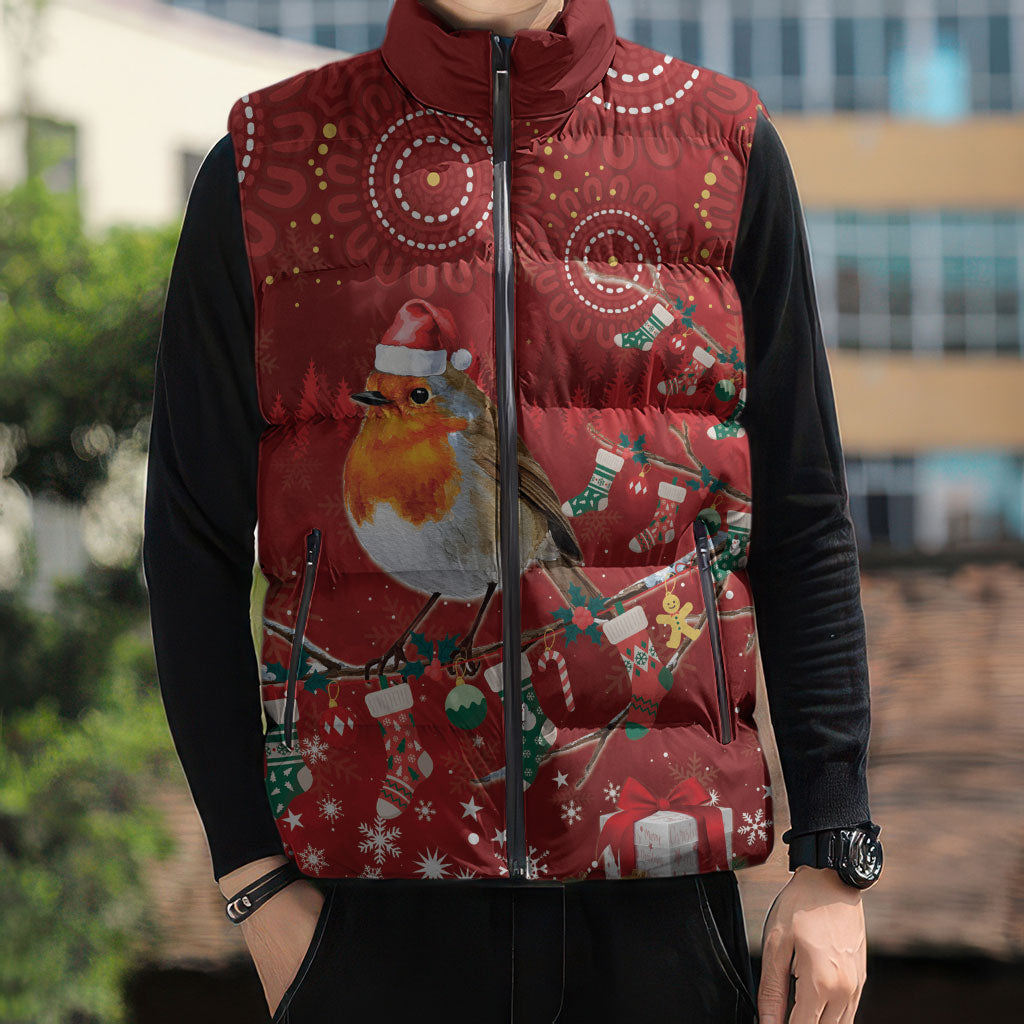Australia Red - capped Robin Christmas In July Sleeveless Puffer Jacket Aussie Passerine Bird Merry Xmas