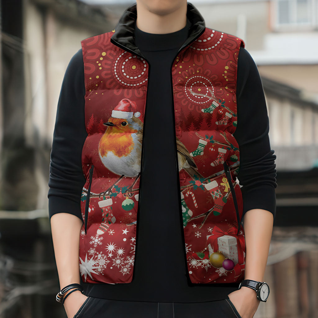 Australia Red - capped Robin Christmas In July Sleeveless Puffer Jacket Aussie Passerine Bird Merry Xmas