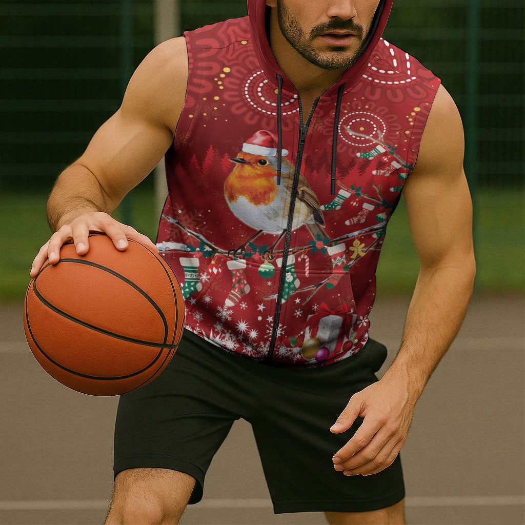 Australia Red - capped Robin Christmas In July Sleeveless Zip Hoodie Aussie Passerine Bird Merry Xmas