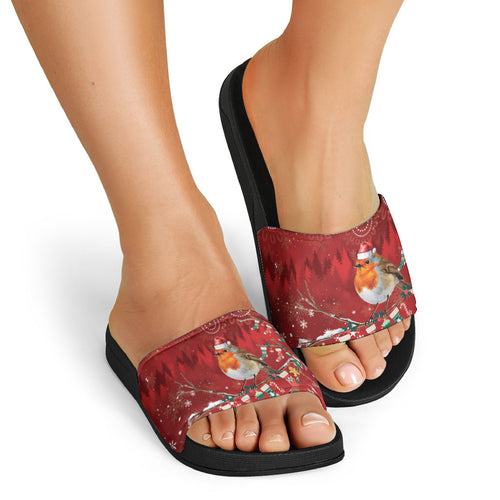 Australia Red - capped Robin Christmas In July Slide Sandals Aussie Passerine Bird Merry Xmas