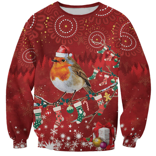 Australia Red - capped Robin Christmas In July Sweatshirt Aussie Passerine Bird Merry Xmas