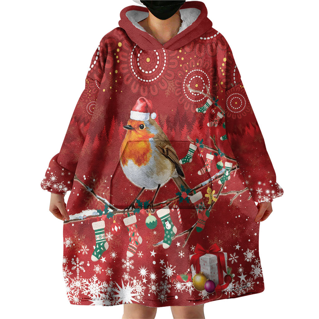Australia Red - capped Robin Christmas In July Wearable Blanket Hoodie Aussie Passerine Bird Merry Xmas