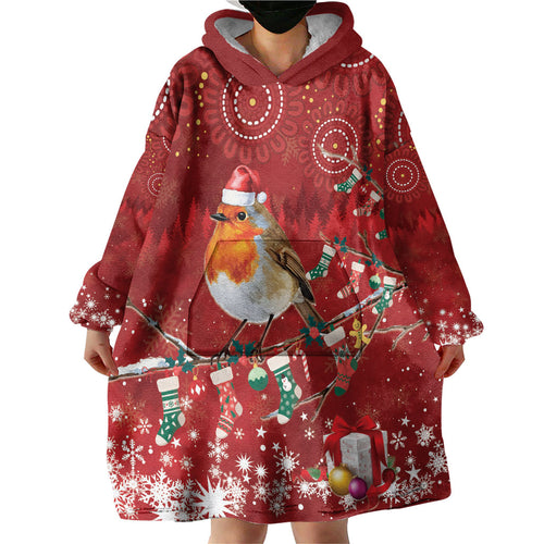 Australia Red - capped Robin Christmas In July Wearable Blanket Hoodie Aussie Passerine Bird Merry Xmas