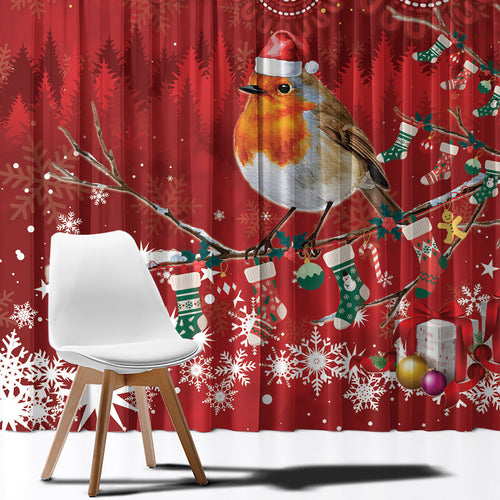 Australia Red - capped Robin Christmas In July Window Curtain Aussie Passerine Bird Merry Xmas