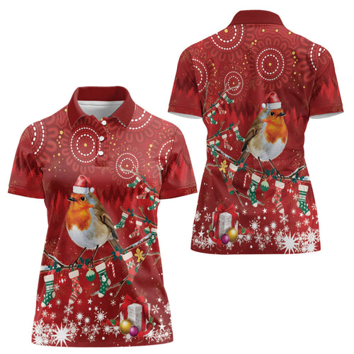 Australia Red - capped Robin Christmas In July Women Polo Shirt Aussie Passerine Bird Merry Xmas