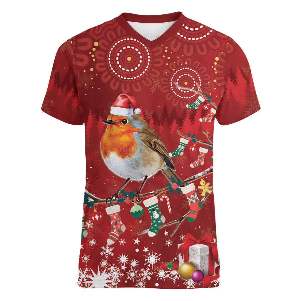Australia Red - capped Robin Christmas In July Women V-Neck T-Shirt Aussie Passerine Bird Merry Xmas
