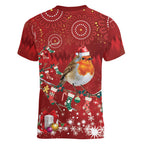 Australia Red - capped Robin Christmas In July Women V-Neck T-Shirt Aussie Passerine Bird Merry Xmas