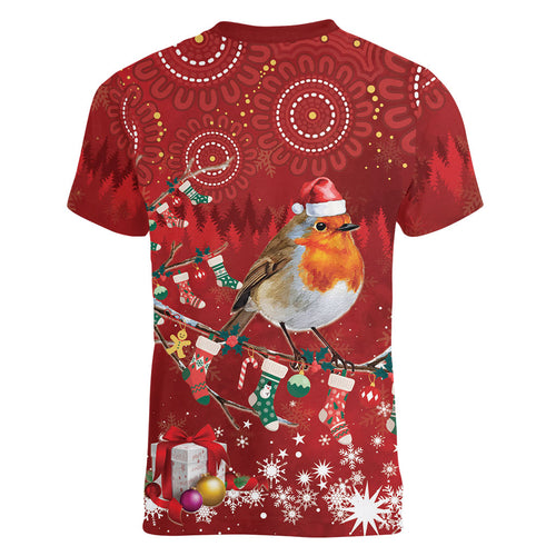 Australia Red - capped Robin Christmas In July Women V-Neck T-Shirt Aussie Passerine Bird Merry Xmas