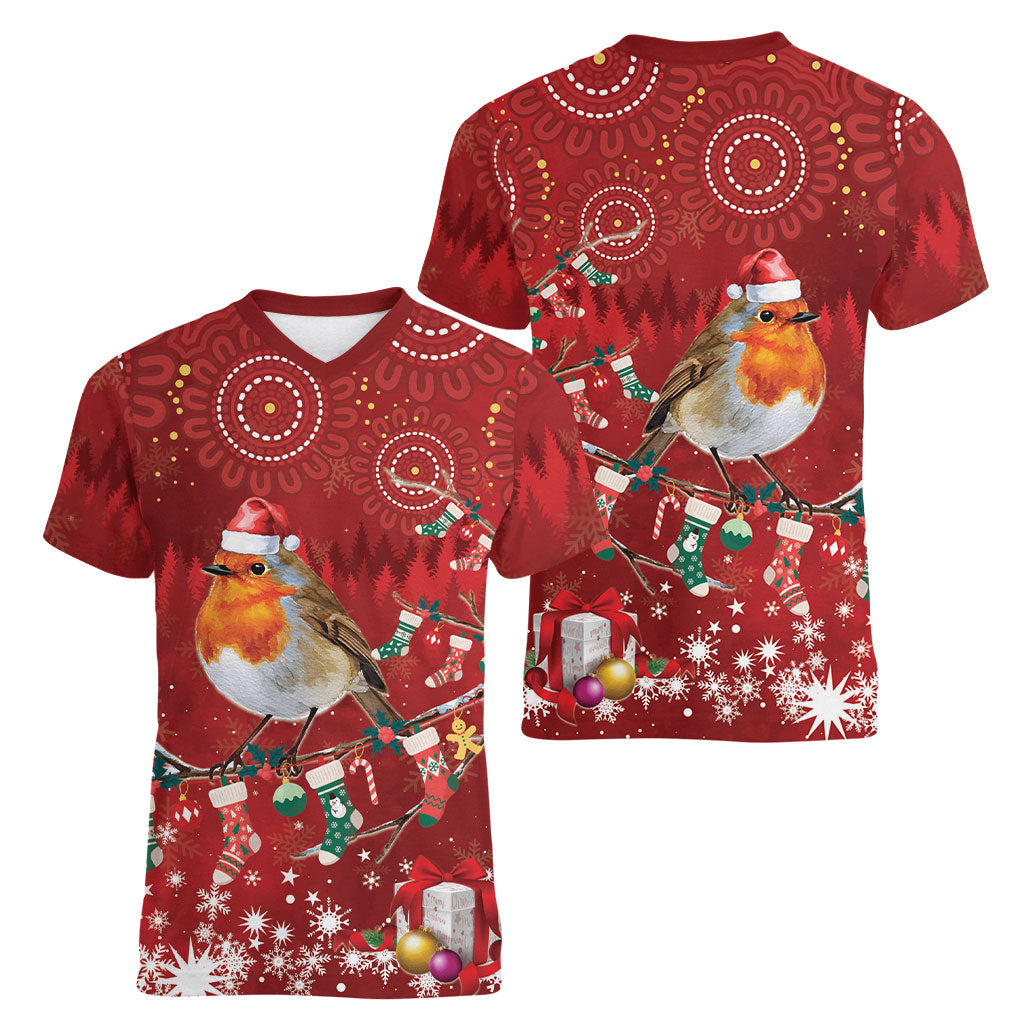 Australia Red - capped Robin Christmas In July Women V-Neck T-Shirt Aussie Passerine Bird Merry Xmas