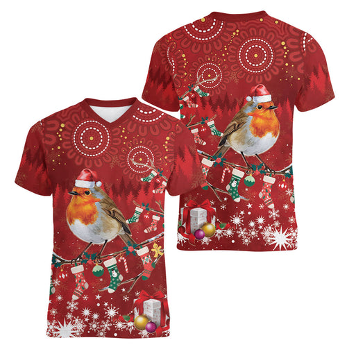 Australia Red - capped Robin Christmas In July Women V-Neck T-Shirt Aussie Passerine Bird Merry Xmas
