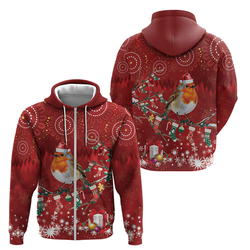 Australia Red - capped Robin Christmas In July Zip Hoodie Aussie Passerine Bird Merry Xmas