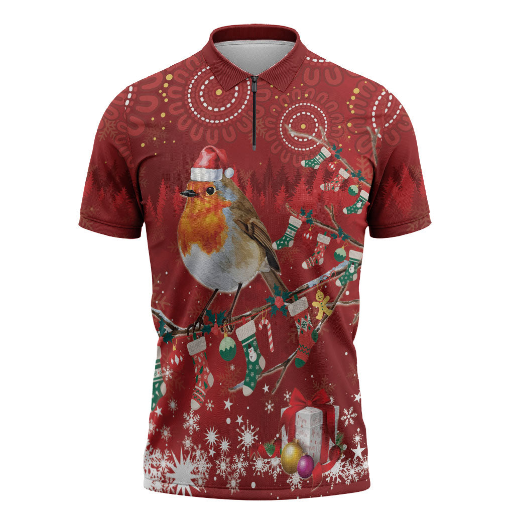 Australia Red - capped Robin Christmas In July Zipper Polo Shirt Aussie Passerine Bird Merry Xmas
