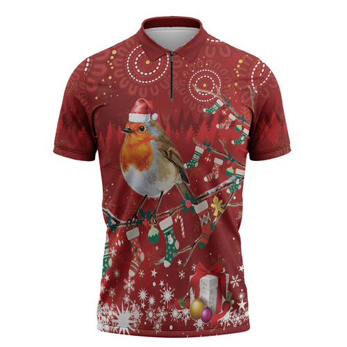 Australia Red - capped Robin Christmas In July Zipper Polo Shirt Aussie Passerine Bird Merry Xmas