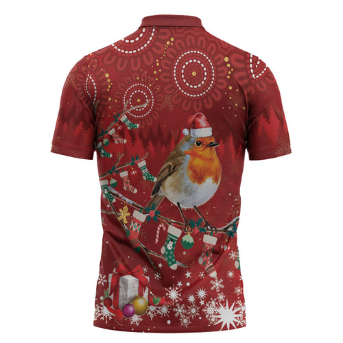 Australia Red - capped Robin Christmas In July Zipper Polo Shirt Aussie Passerine Bird Merry Xmas