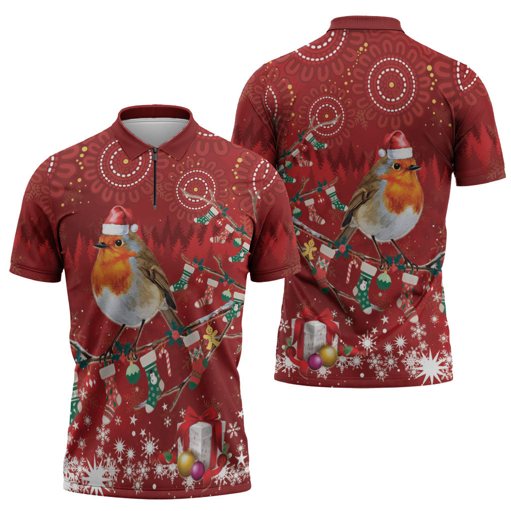 Australia Red - capped Robin Christmas In July Zipper Polo Shirt Aussie Passerine Bird Merry Xmas