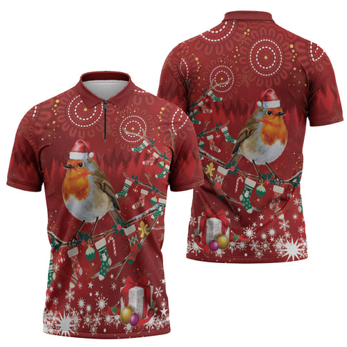 Australia Red - capped Robin Christmas In July Zipper Polo Shirt Aussie Passerine Bird Merry Xmas