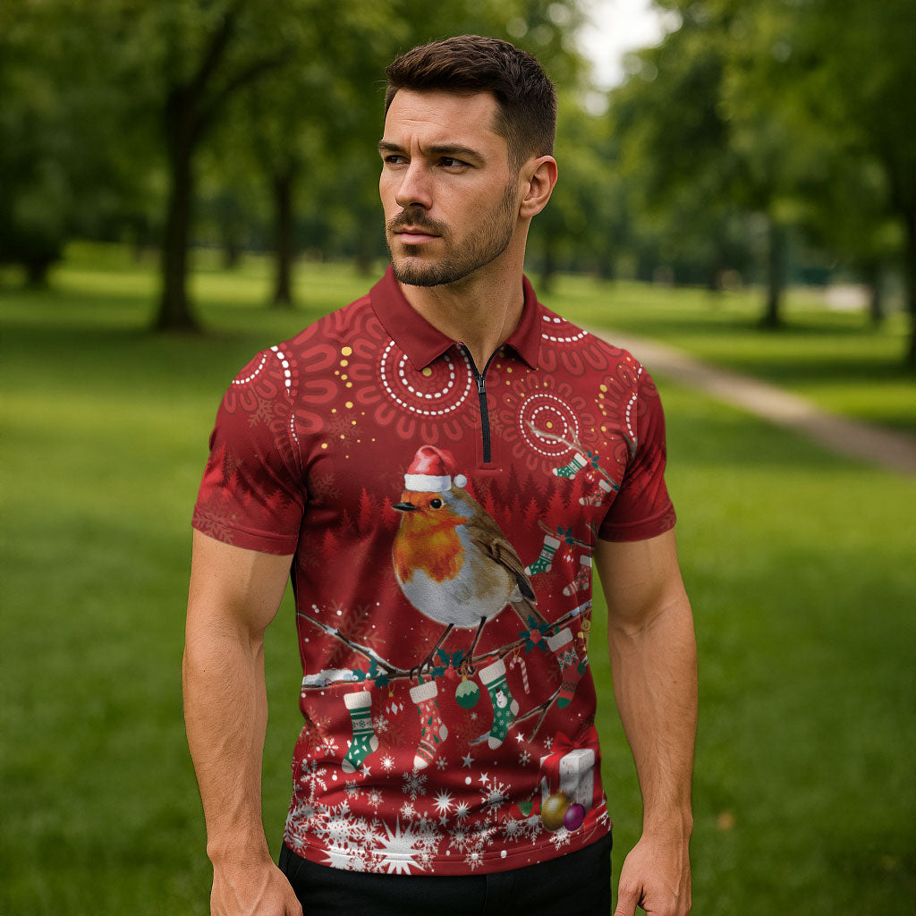 Australia Red - capped Robin Christmas In July Zipper Polo Shirt Aussie Passerine Bird Merry Xmas