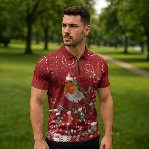 Australia Red - capped Robin Christmas In July Zipper Polo Shirt Aussie Passerine Bird Merry Xmas
