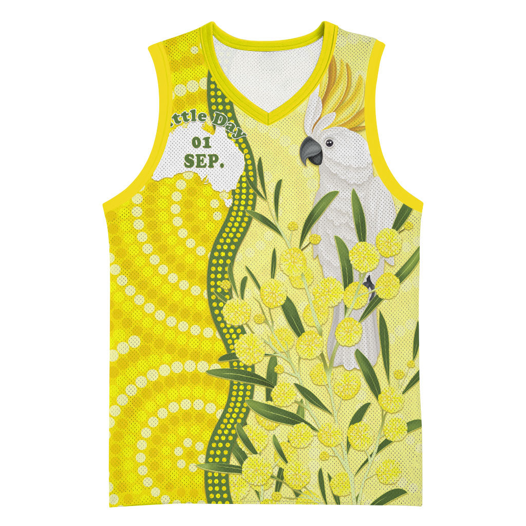 Australia Wattle Day Basketball Jersey Sulphur-crested Cockatoo Aboriginal Pattern