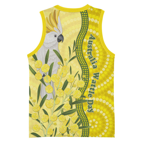 Australia Wattle Day Basketball Jersey Sulphur-crested Cockatoo Aboriginal Pattern