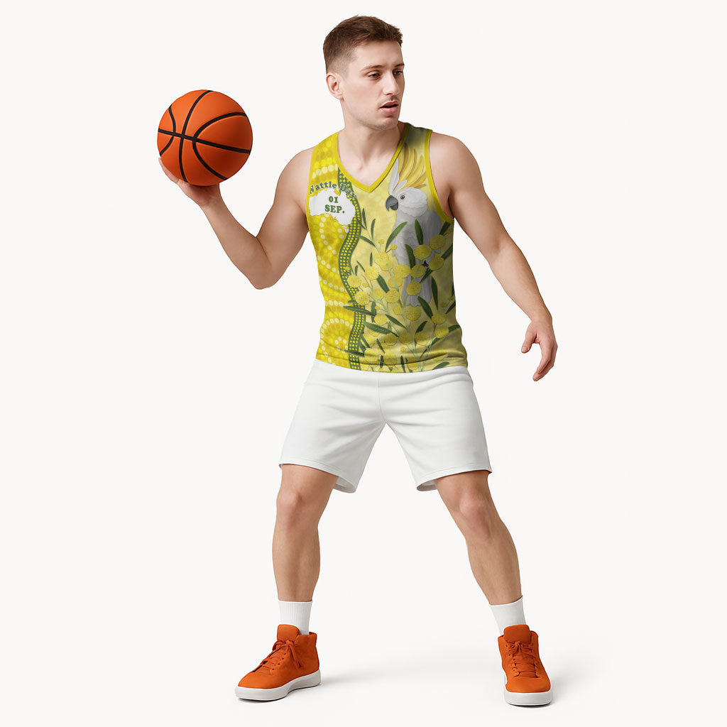 Australia Wattle Day Basketball Jersey Sulphur-crested Cockatoo Aboriginal Pattern