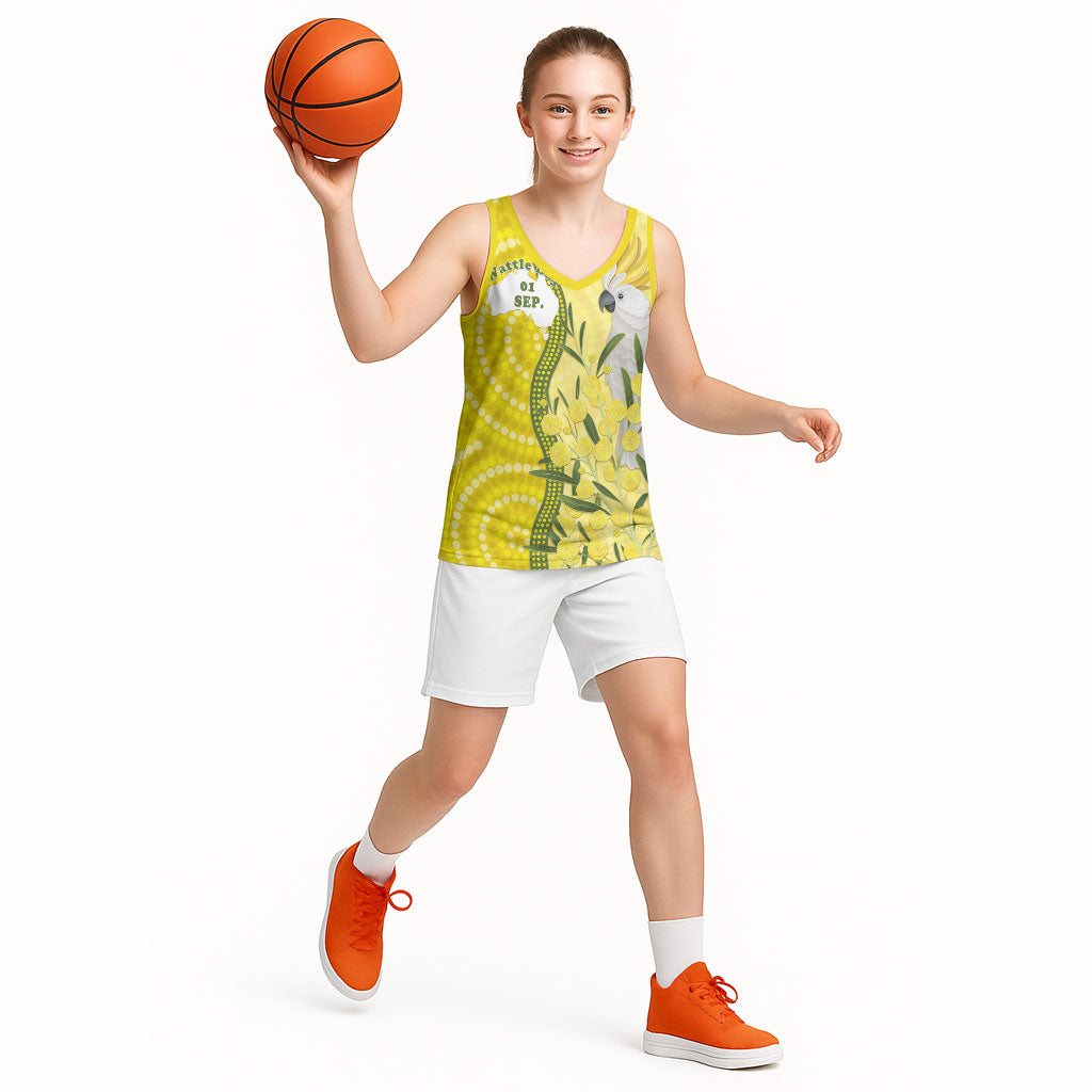 Australia Wattle Day Basketball Jersey Sulphur-crested Cockatoo Aboriginal Pattern