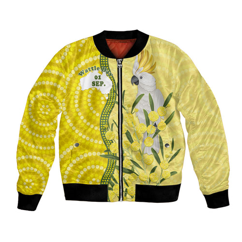 Australia Wattle Day Bomber Jacket Sulphur-crested Cockatoo Aboriginal Pattern