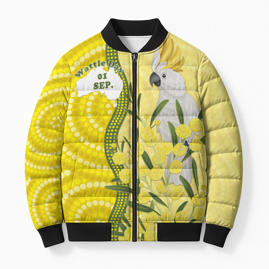 Australia Wattle Day Bomber Puffer Jacket Sulphur-crested Cockatoo Aboriginal Pattern
