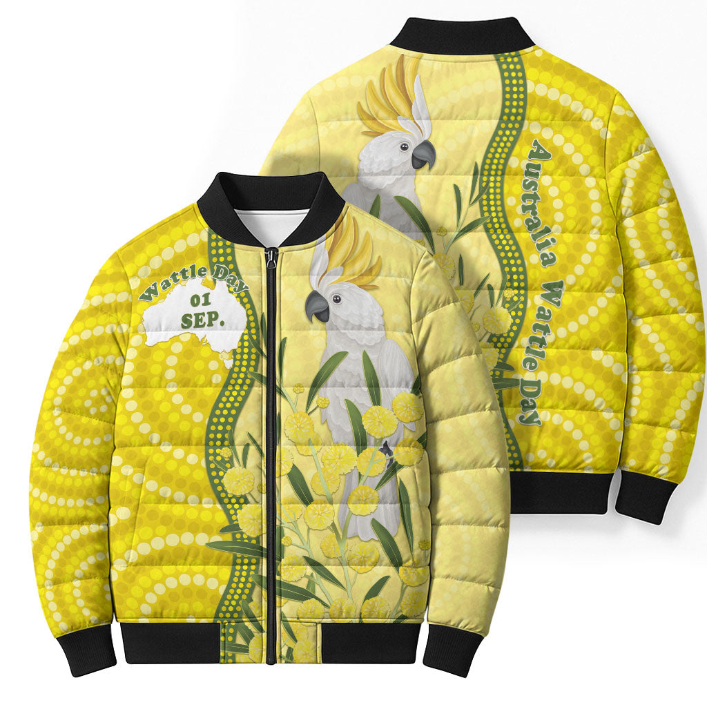 Australia Wattle Day Bomber Puffer Jacket Sulphur-crested Cockatoo Aboriginal Pattern