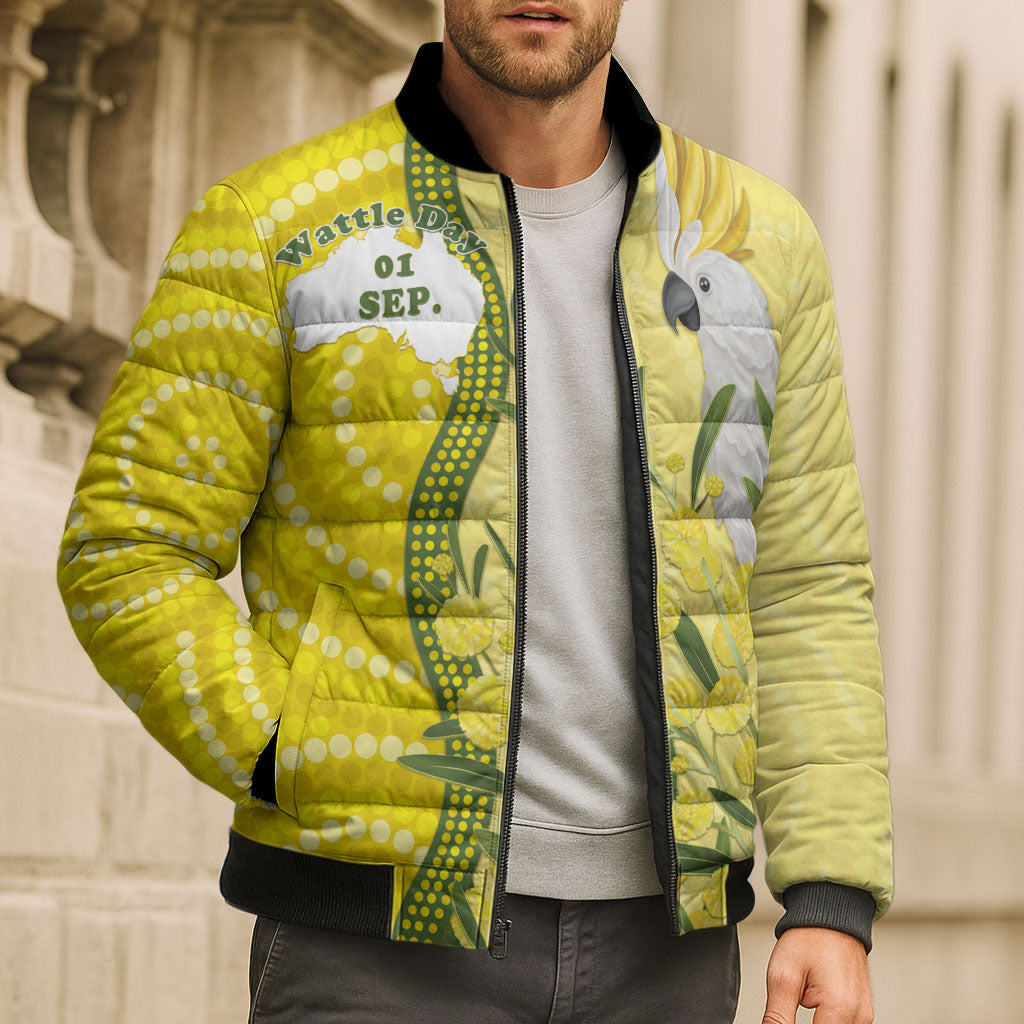 Australia Wattle Day Bomber Puffer Jacket Sulphur-crested Cockatoo Aboriginal Pattern