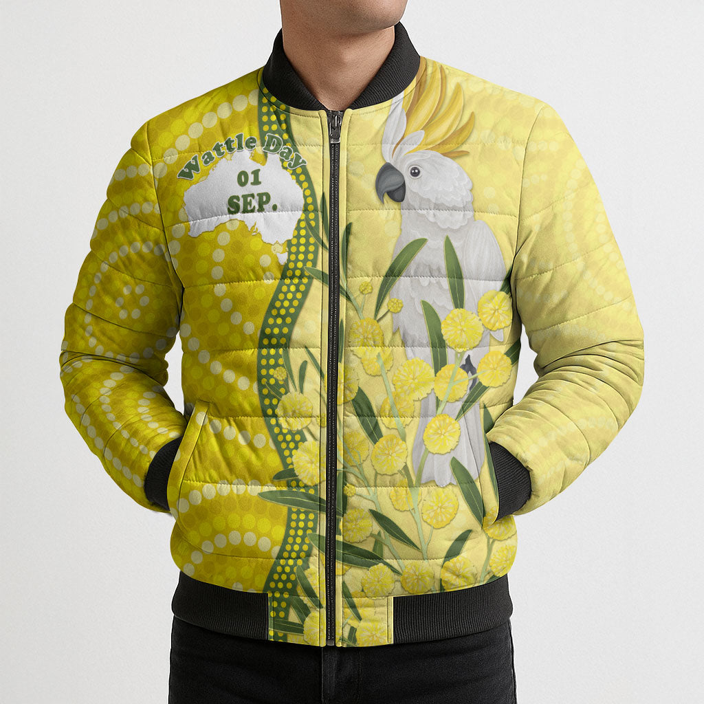 Australia Wattle Day Bomber Puffer Jacket Sulphur-crested Cockatoo Aboriginal Pattern