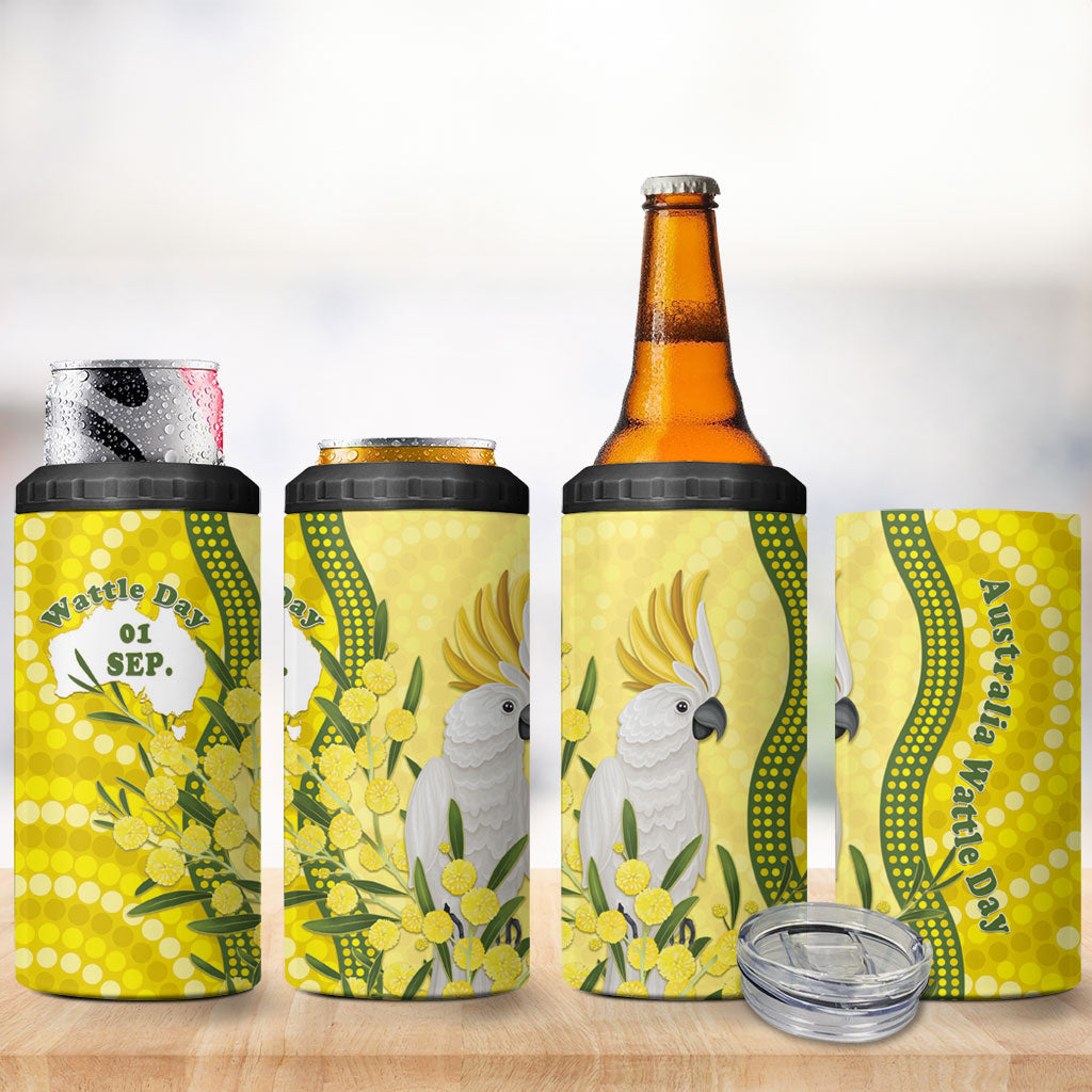 Australia Wattle Day 4 in 1 Can Cooler Tumbler Sulphur-crested Cockatoo Aboriginal Pattern