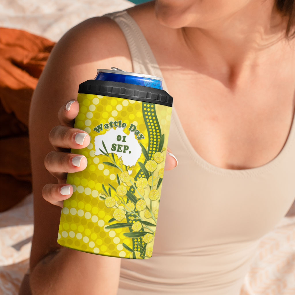 Australia Wattle Day 4 in 1 Can Cooler Tumbler Sulphur-crested Cockatoo Aboriginal Pattern
