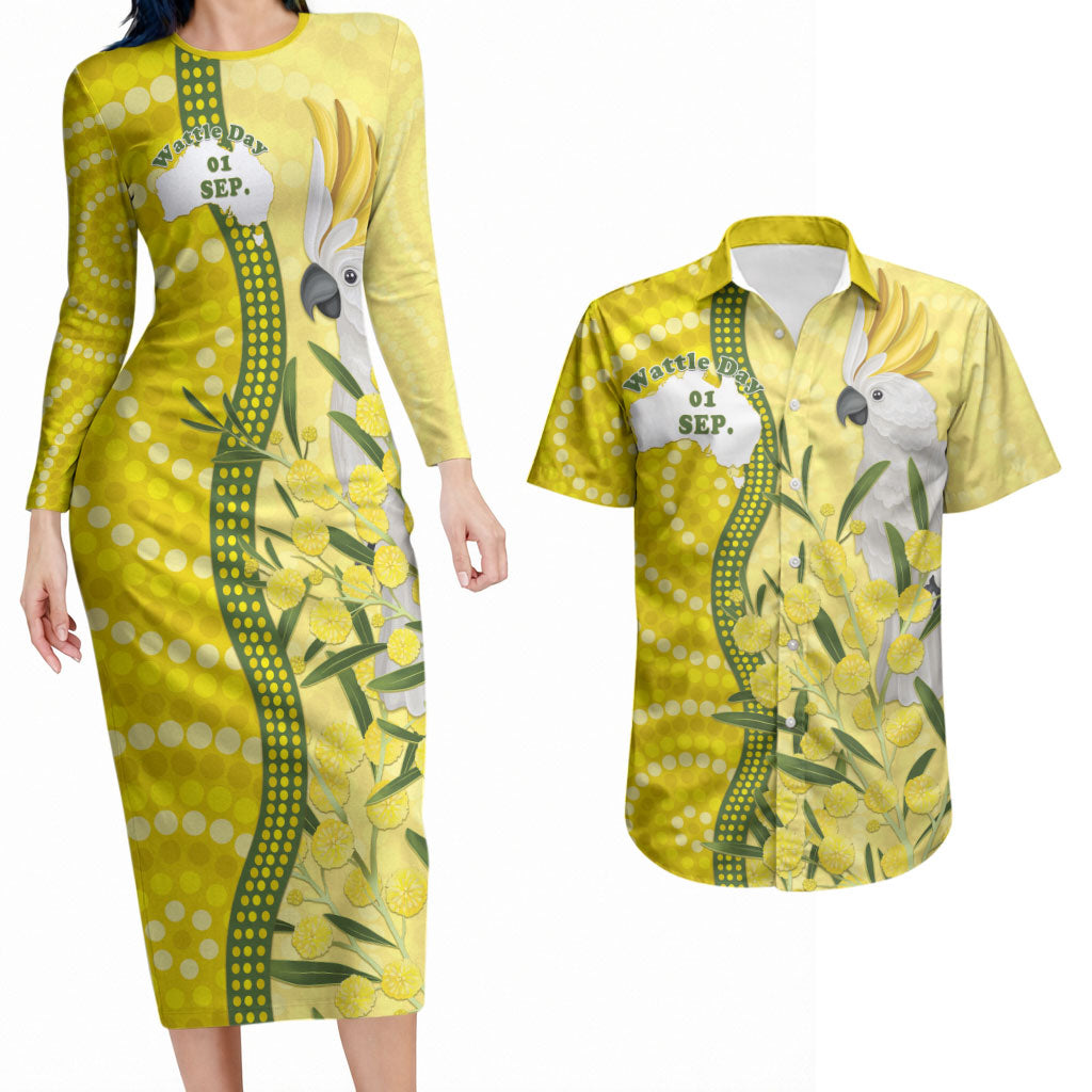 Australia Wattle Day Couples Matching Long Sleeve Bodycon Dress and Hawaiian Shirt Sulphur-crested Cockatoo Aboriginal Pattern