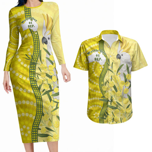 Australia Wattle Day Couples Matching Long Sleeve Bodycon Dress and Hawaiian Shirt Sulphur-crested Cockatoo Aboriginal Pattern