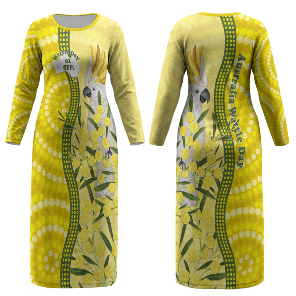 Australia Wattle Day Couples Matching Long Sleeve Bodycon Dress and Hawaiian Shirt Sulphur-crested Cockatoo Aboriginal Pattern